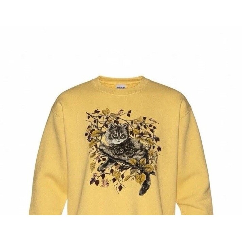 Vintage Cat Graphic Crewneck Sweatshirt Medium Yellow Cottagecore Cozy Animal